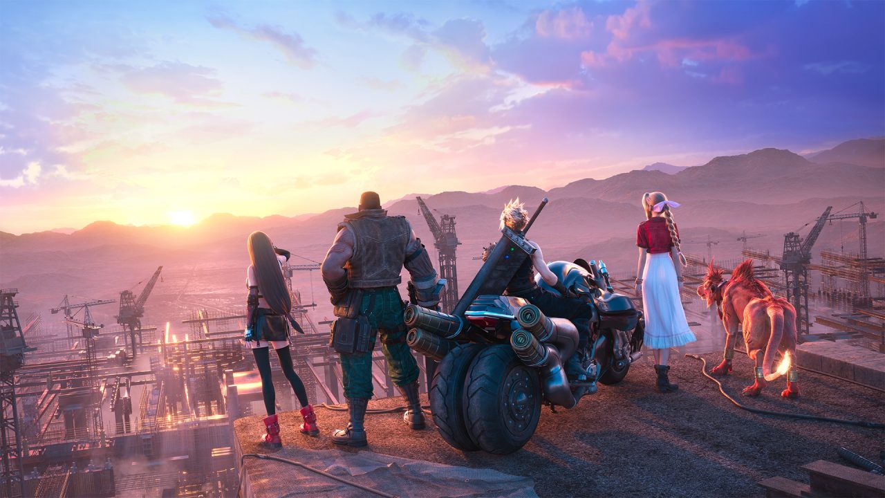 Artwork From Final Fantasy VII Remake Intergrade Featuring The Main Cast Looking Out Over Midgar